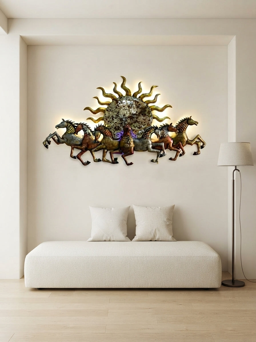 7 Horses Metal Wall Art with LED | Sun Backlit Decor