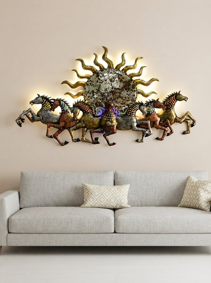 7 Horses Metal Wall Art with LED | Sun Backlit Decor