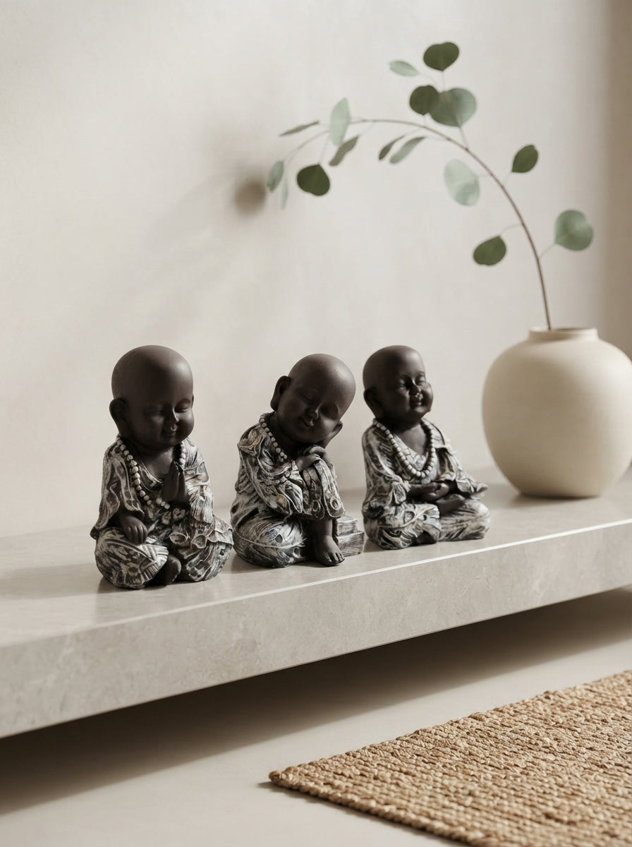 Set of 3 Baby Monk Statues 10”x6”x5”| Grey & Silver Buddha Figurines