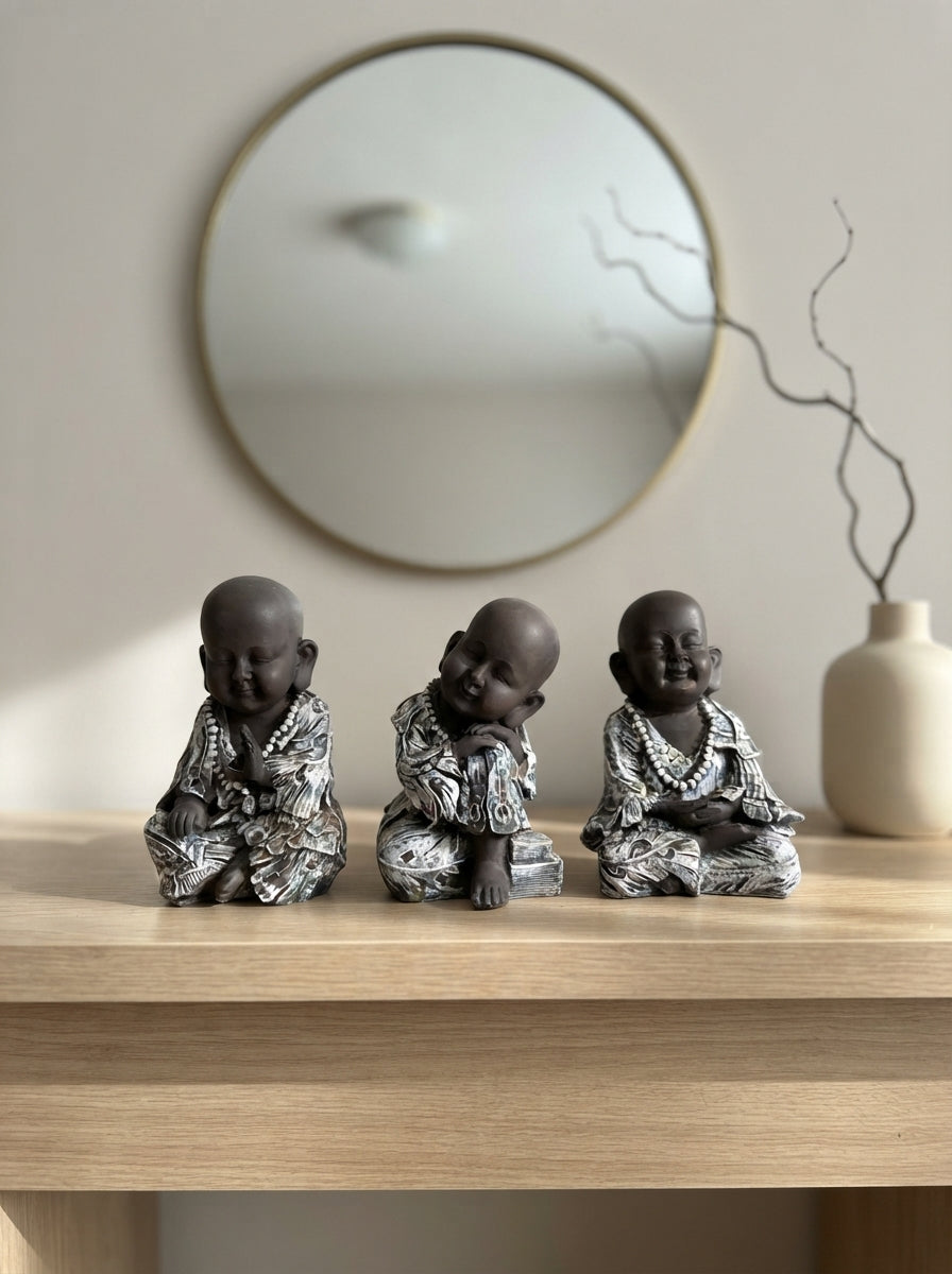Set of 3 Baby Monk Statues 10”x6”x5”| Grey & Silver Buddha Figurines