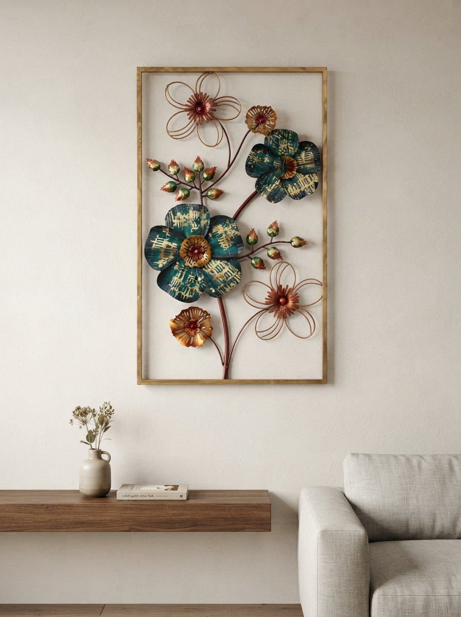 Framed Metal Flower Wall Art | Teal & Gold Floral Decor
