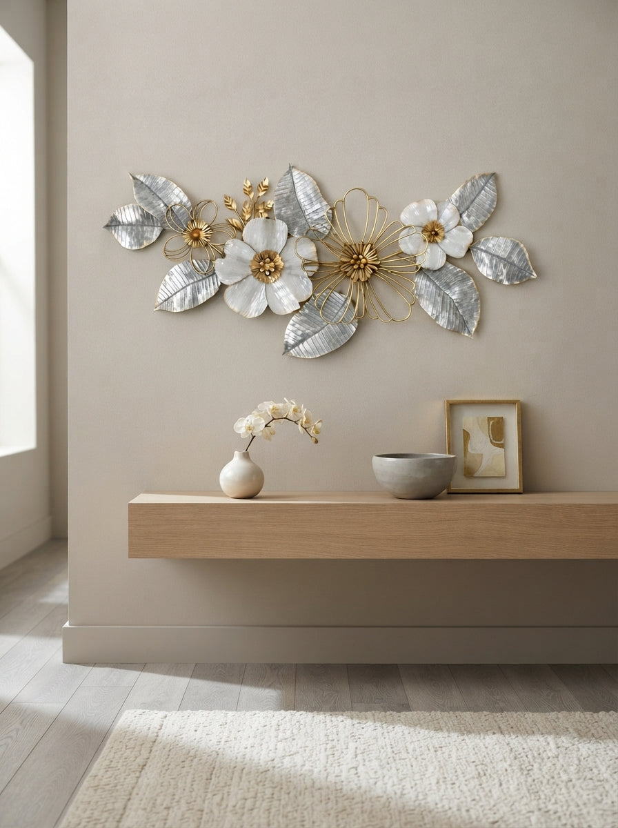 White and Golden Flowers Metal Wall Decor 50" x 26" – Elegant Large Flower Wall Art for Modern Home Interiors