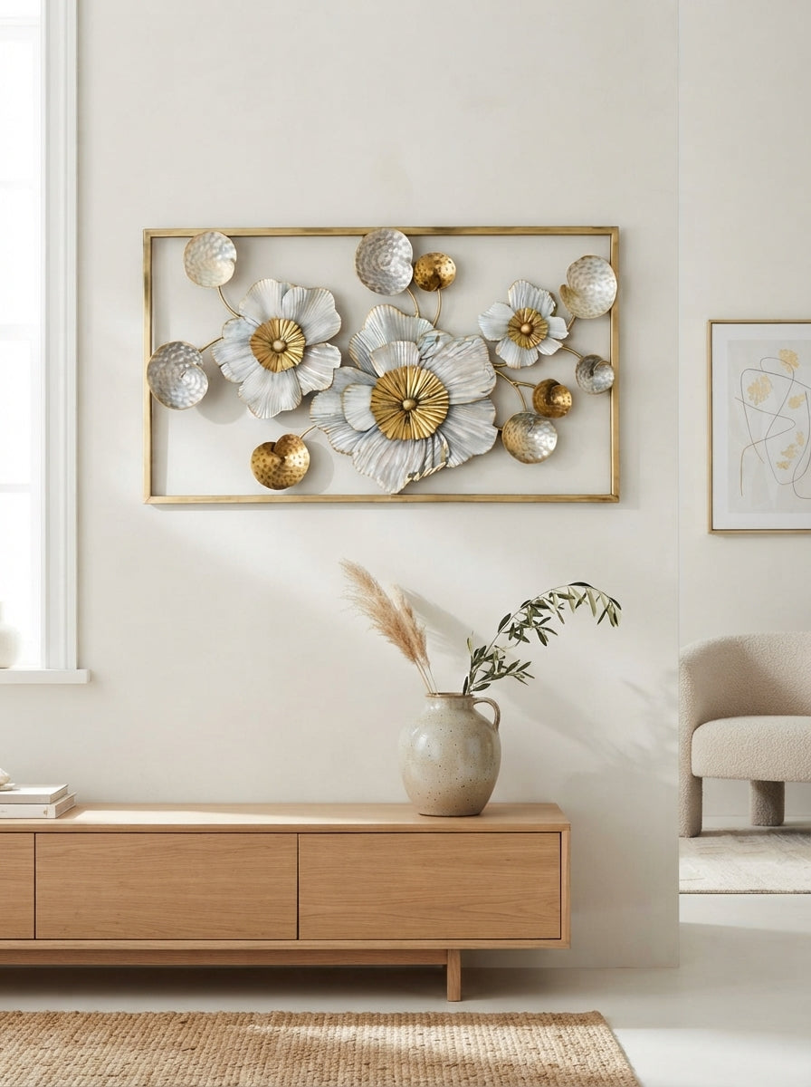 Framed Floral Wall Art 36" x 21" – Elegant Metal Flower Wall Decor for Living Room & Bedroom