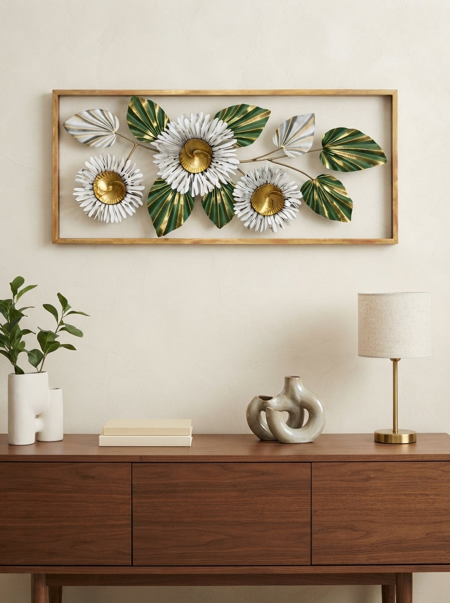 Framed 3 Flower Wall Art 38" x 18" – Decorative Metal Floral Wall Decor for Living Room & Bedroom