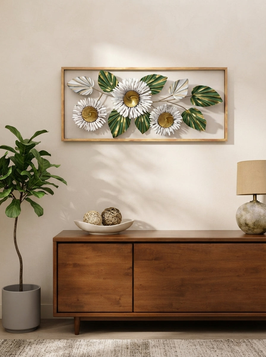 Framed 3 Flower Wall Art 38" x 18" – Decorative Metal Floral Wall Decor for Living Room & Bedroom