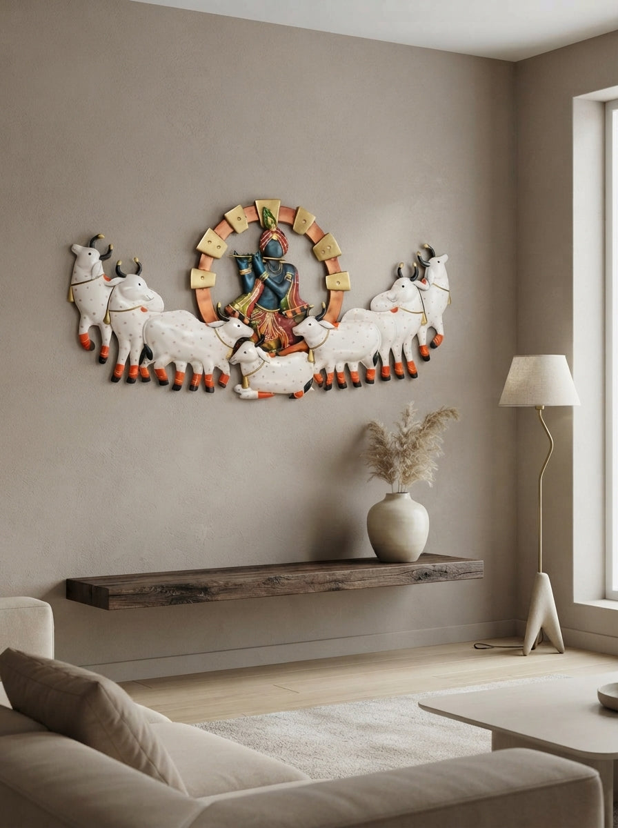 Krishna Wall Art 56" x 28" – Large Metal Spiritual Wall Decor for Living Room & Home Temple