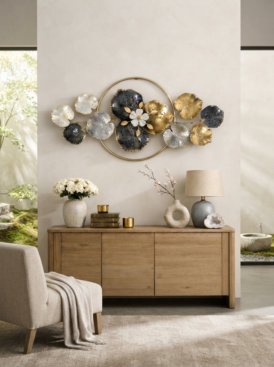 Lotus Leaf Wall Art 52" x 24" – Elegant Metal Nature Wall Decor for Living Room & Home Interiors