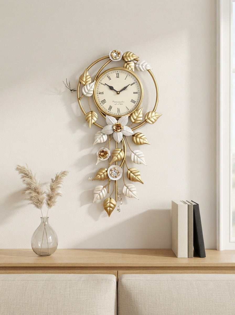 Hanging Leaves Wall Clock 14" x 30" – Decorative Metal Leaf Wall Clock for Living Room & Home Decor