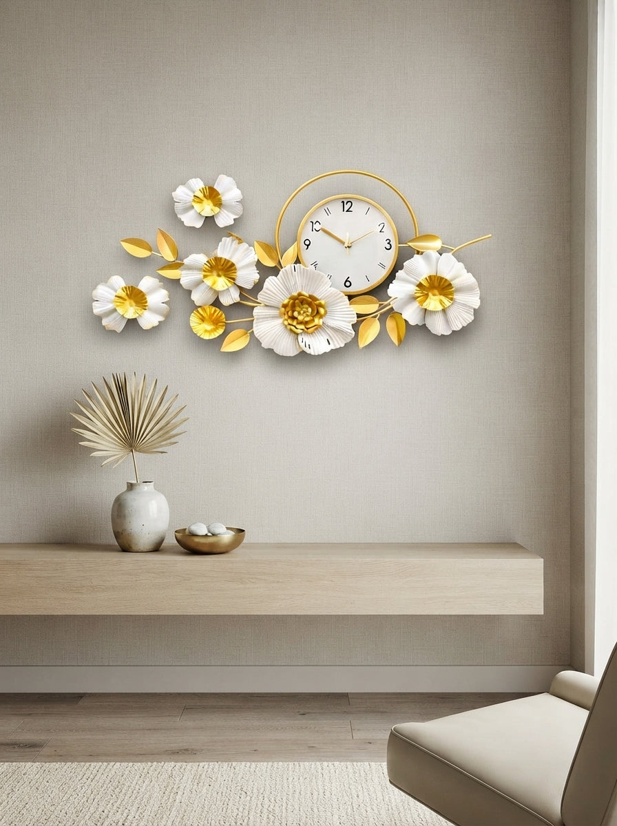 Gold and White Floral Wall Clock 42" x 19" – Decorative Metal Flower Clock for Living Room & Home Decor