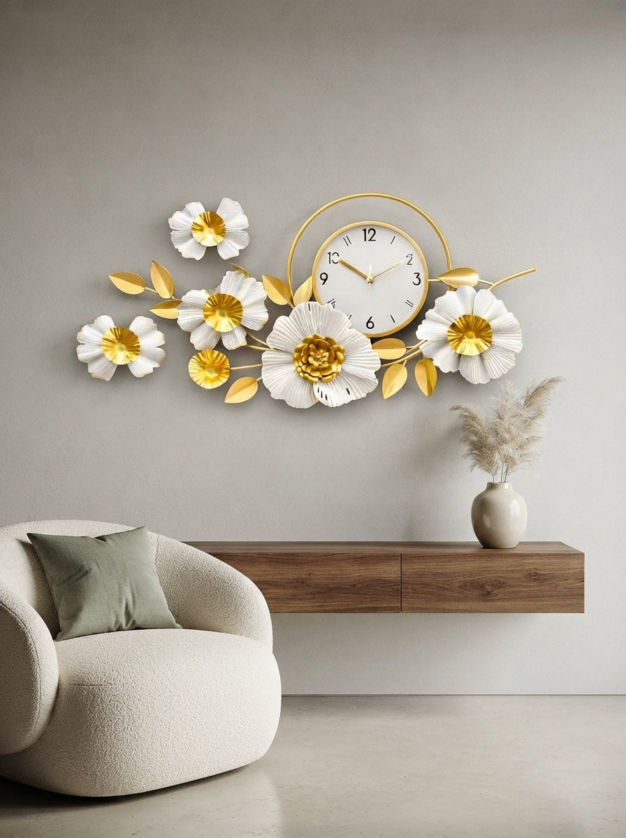 Gold and White Floral Wall Clock 42" x 19" – Decorative Metal Flower Clock for Living Room & Home Decor