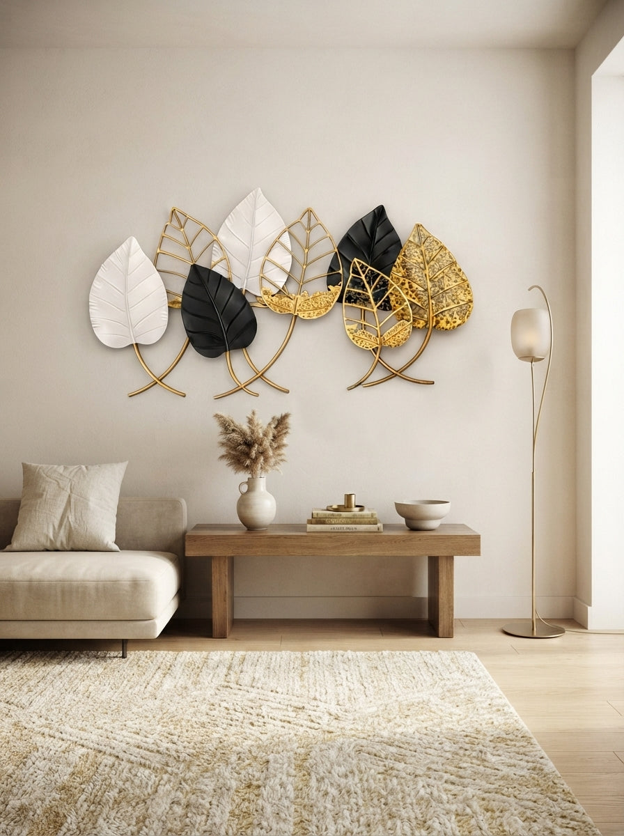 Metal Leaf Wall Art 44"x24" | Black, White & Gold Botanical Decor