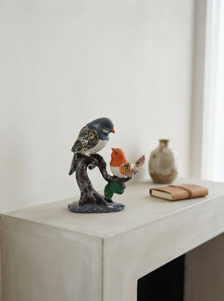 Two Birds on Branch Statue | Robin Chickadee Figurine Decor