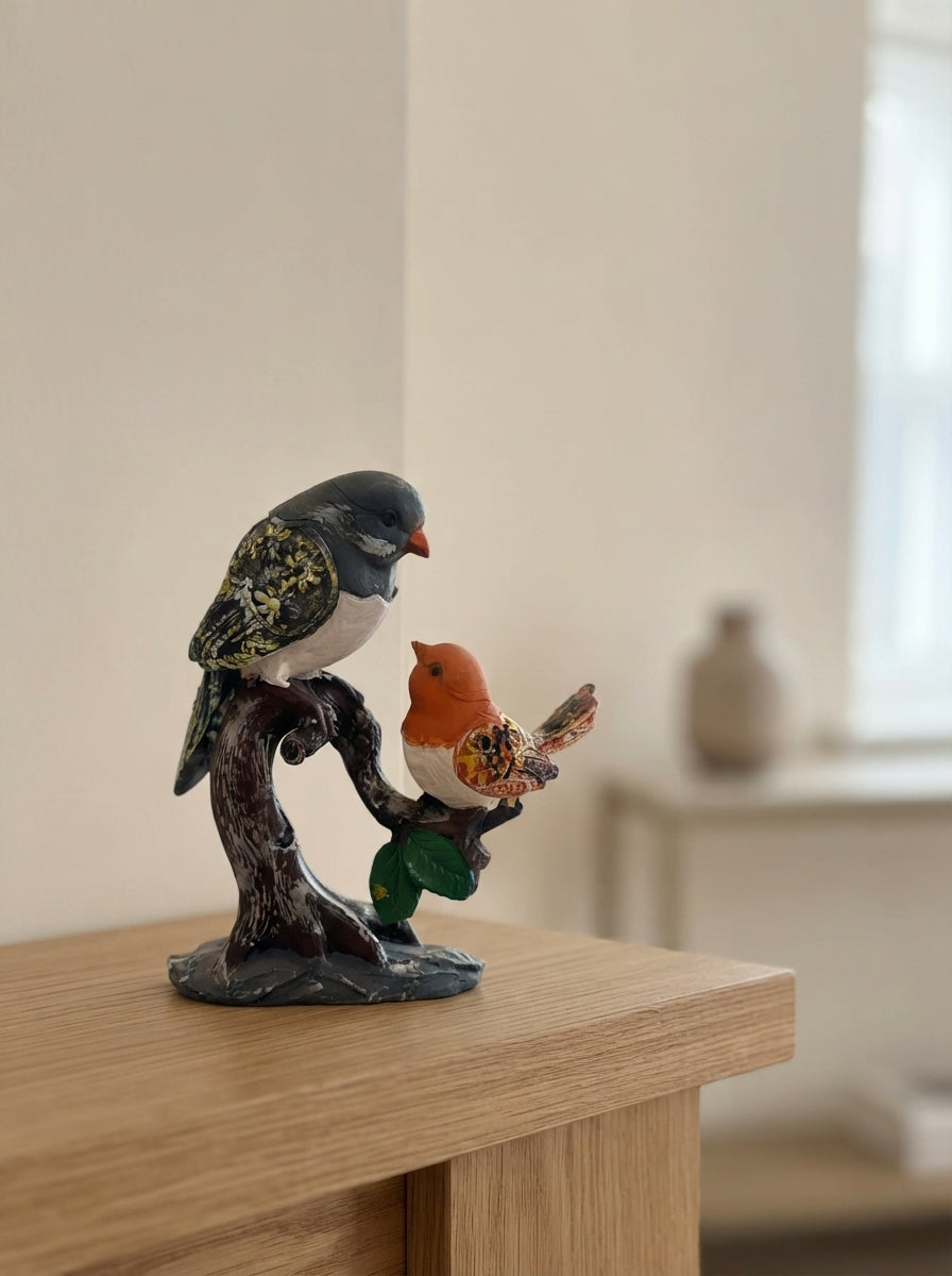 Two Birds on Branch Statue | Robin Chickadee Figurine Decor