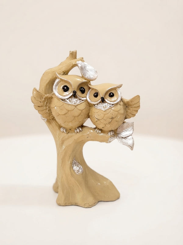 Owl Couple Statue on Branch | Beige Silver Owl Figurine