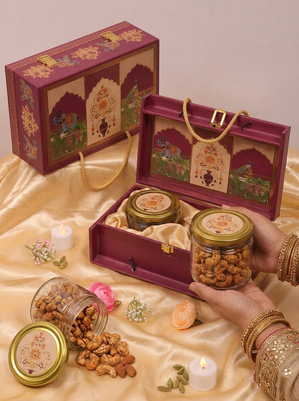 Maroon Gift Box with 2 Glass Jars & Rope Handle | Bag Style Hamper