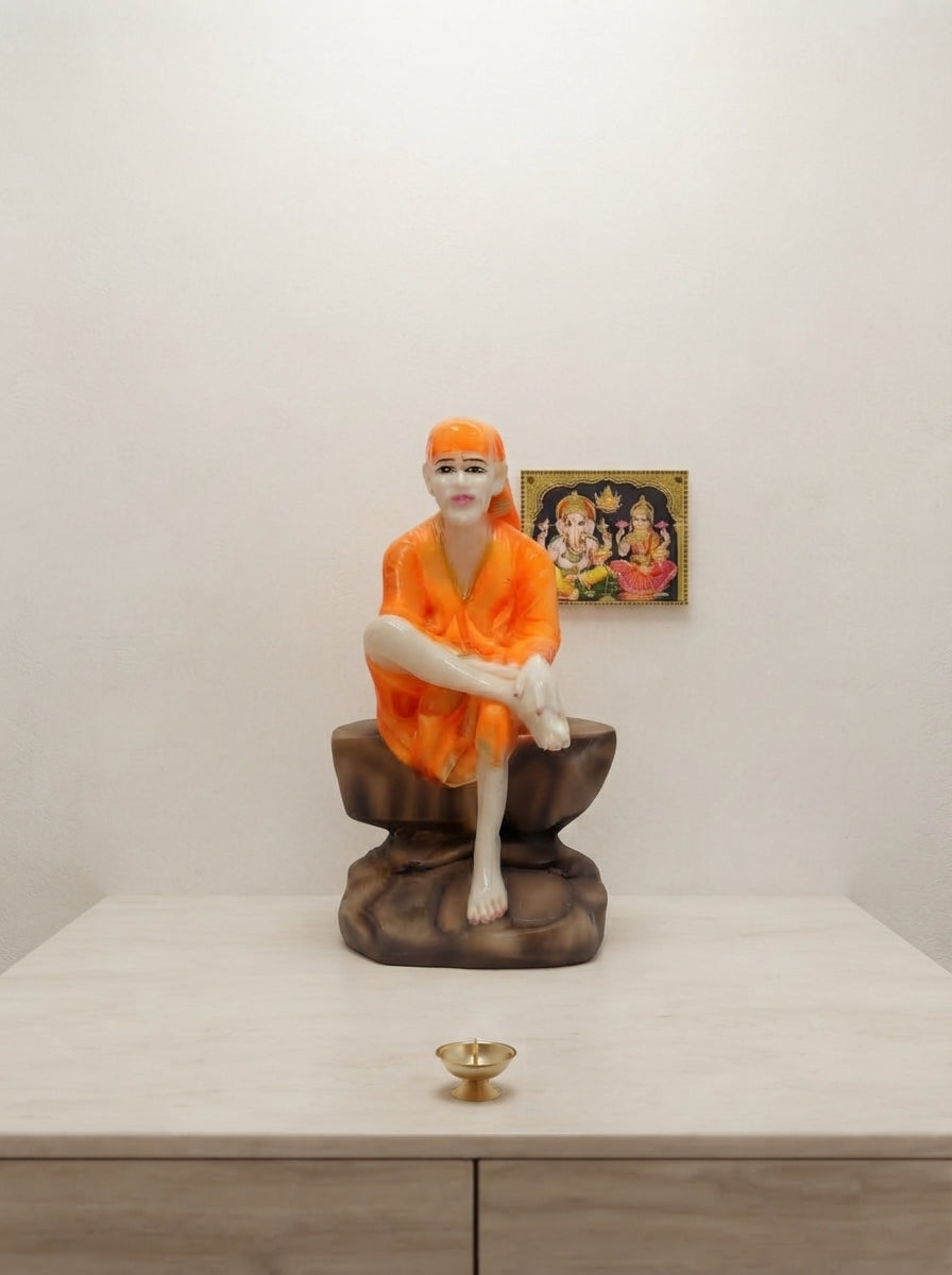 Sai Baba Statue 9.5" | White Marble Seated Figurine on Rock