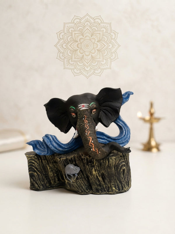 Ganesha Head Statue with Mouse | Charcoal & Blue Finish