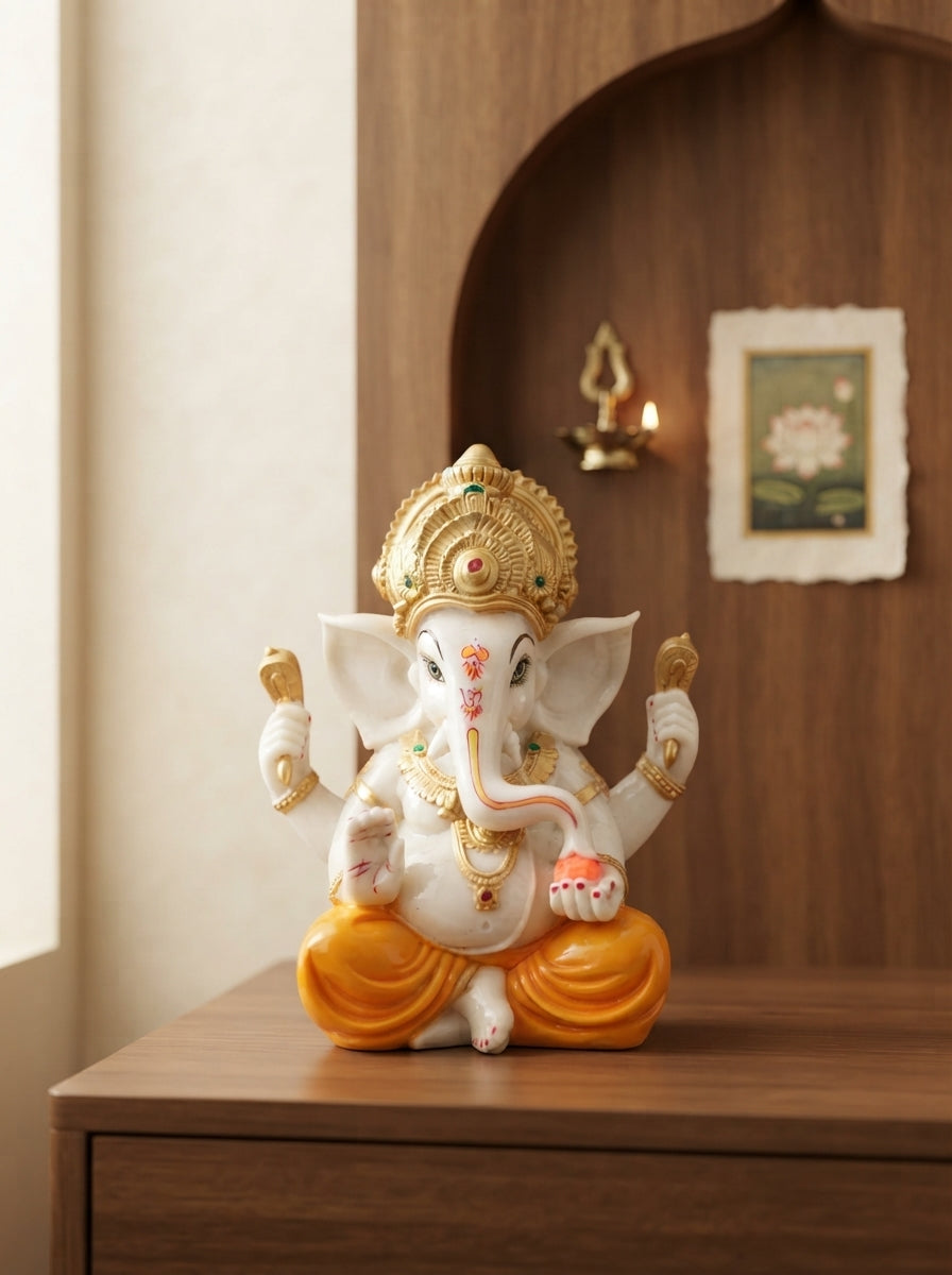 White Gold Marble Finish Ganesha Statue | Hindu Decor
