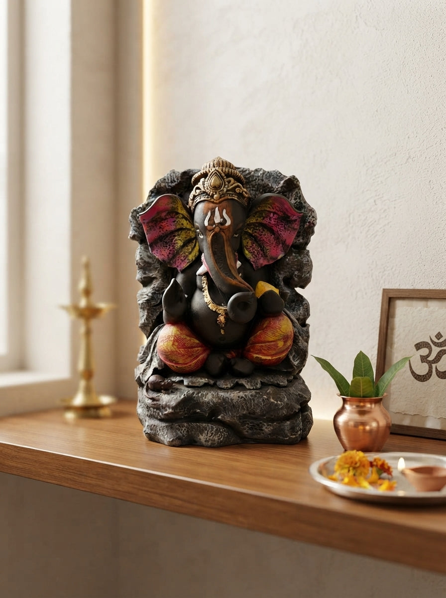 Rock Finish Lord Ganesha Statue 15" | Multicolor Hindu Decor