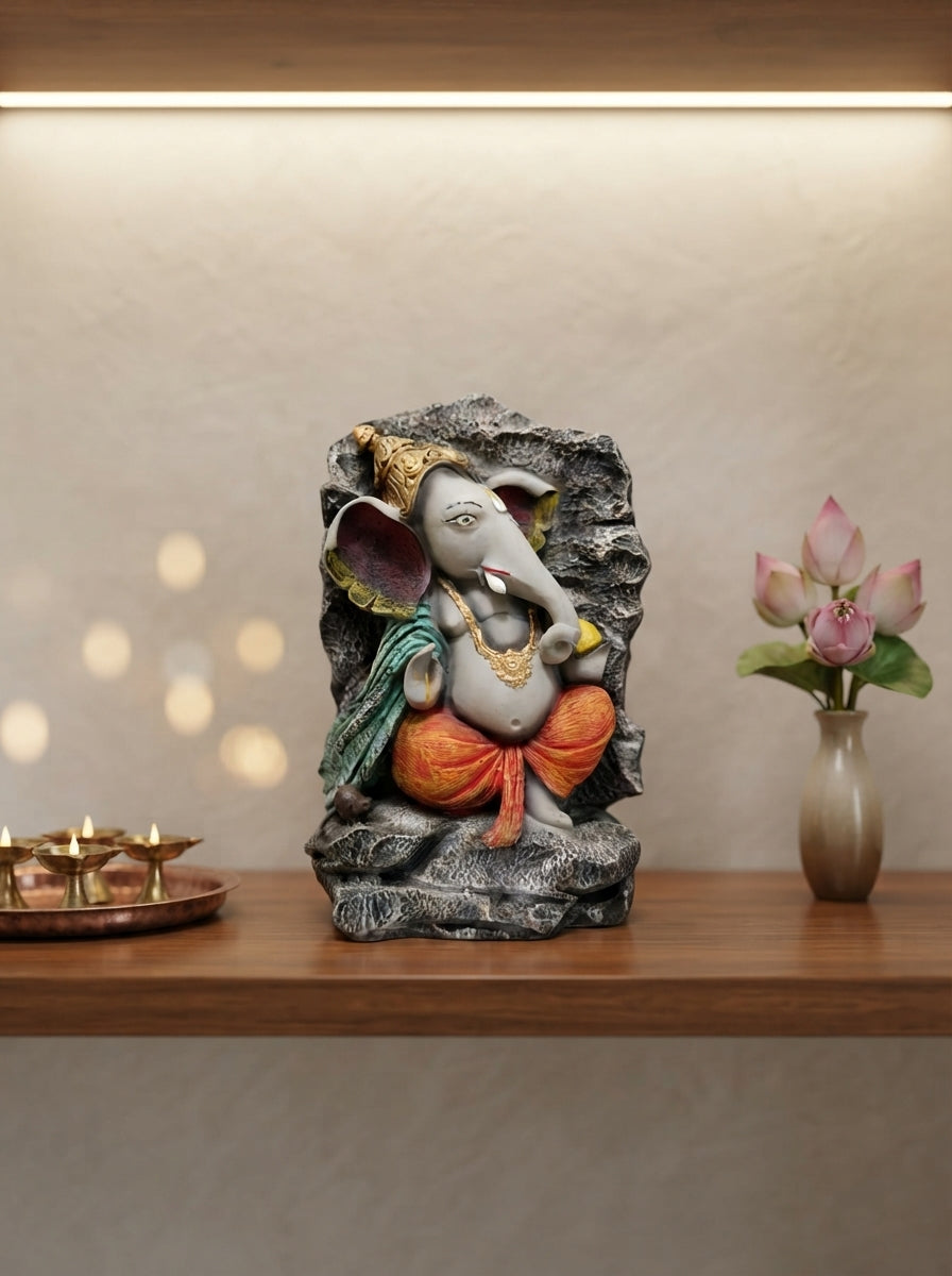 Stone Finish Lord Ganesha Rock Statue | Hindu Decor
