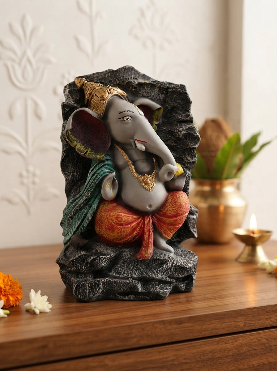 Stone Finish Lord Ganesha Rock Statue | Hindu Decor