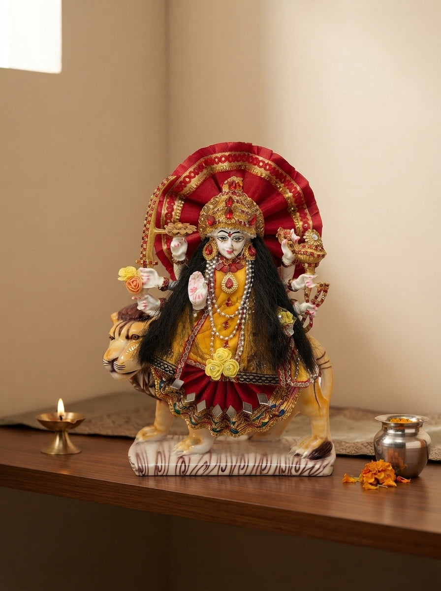 Goddess Durga on Lion Statue | Fabric Dressed Hindu Idol