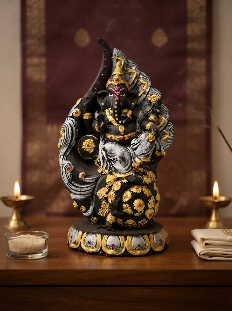 Black Gold Dancing Ganesha Statue 11.8" | Jewelled Hindu Decor