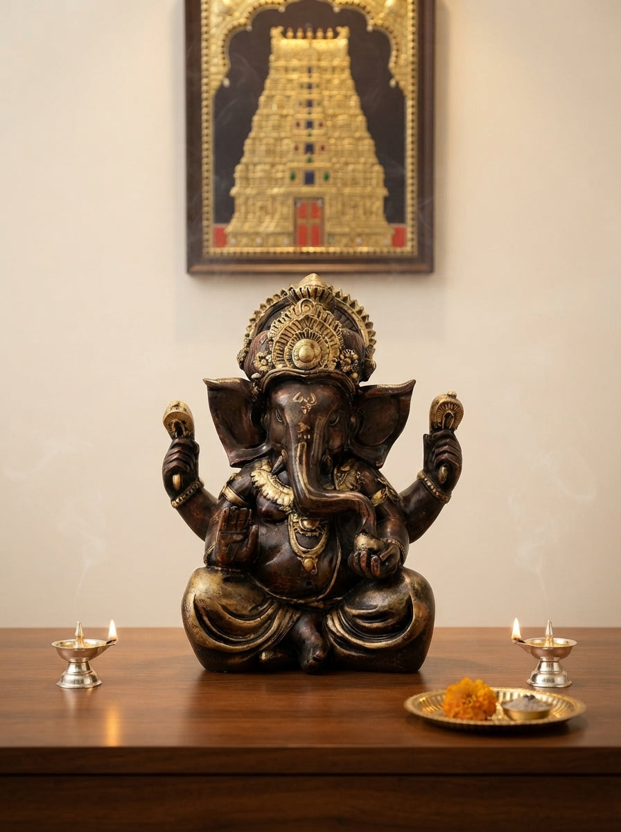 Bronze Antique Four-Armed Ganesha Statue 11.5" | Hindu Decor