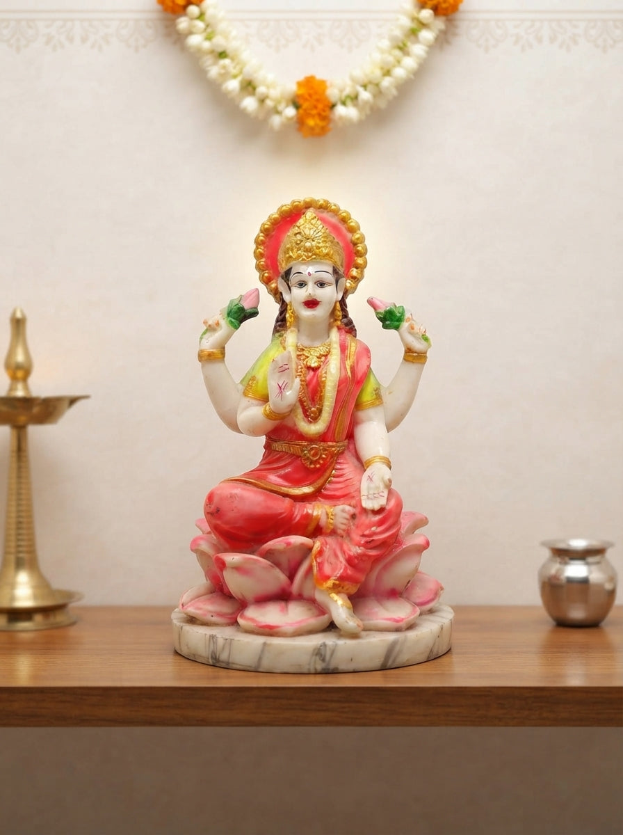 Goddess Lakshmi Statue | White Marble Deity on Lotus