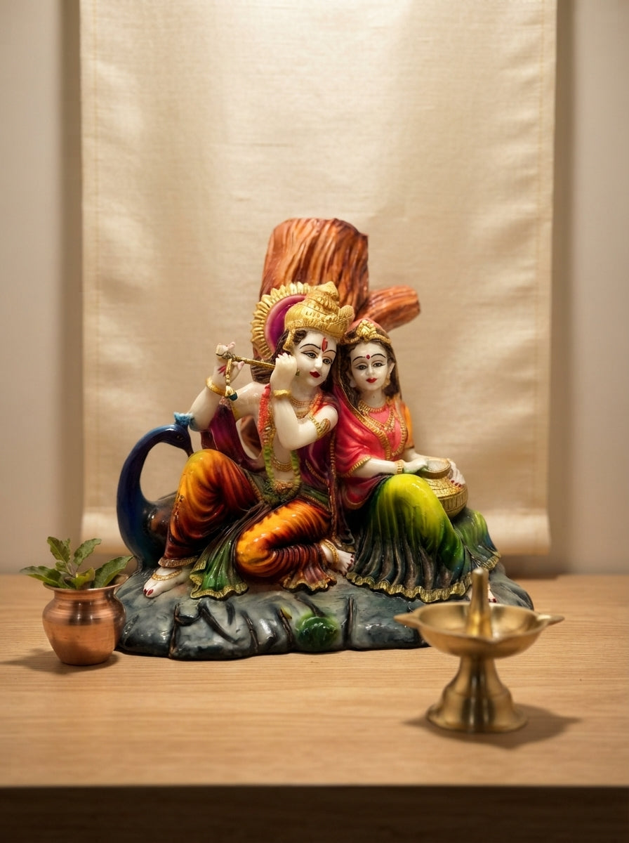 Radha Krishna Seated Statue | Colorful Deity with Peacock