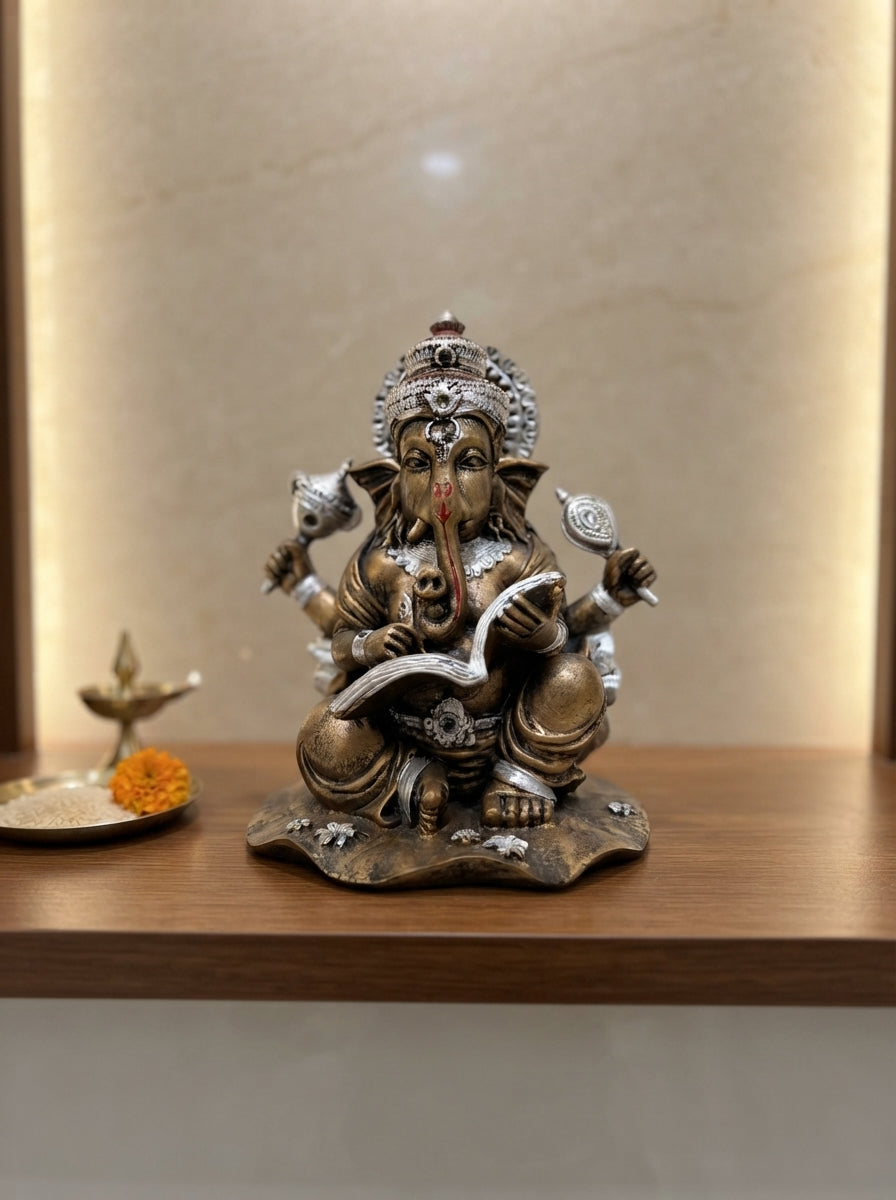 Antique Bronze Ganesha Statue with Scripture 9.5" | Silver Accent