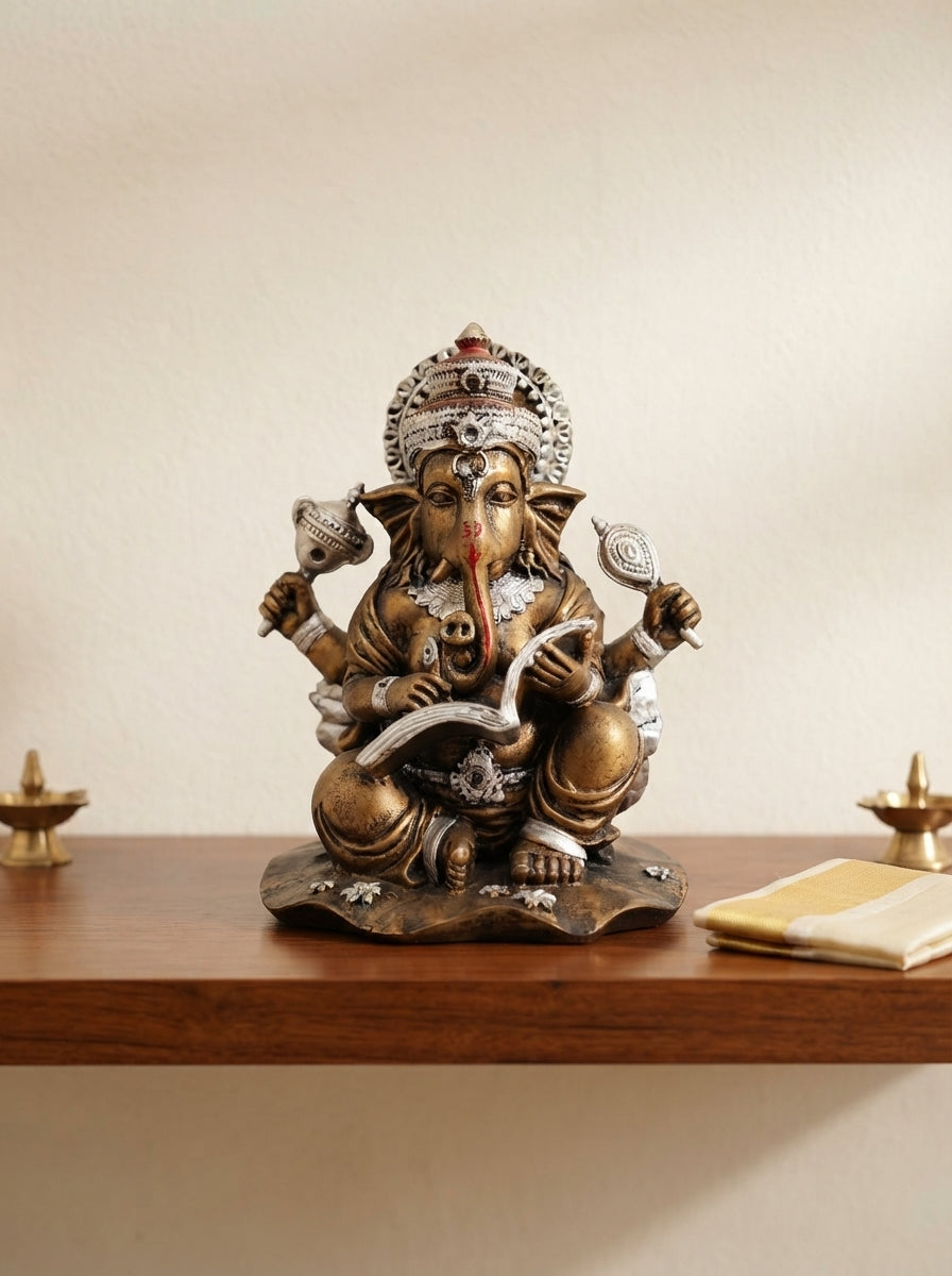 Antique Bronze Ganesha Statue with Scripture 9.5" | Silver Accent