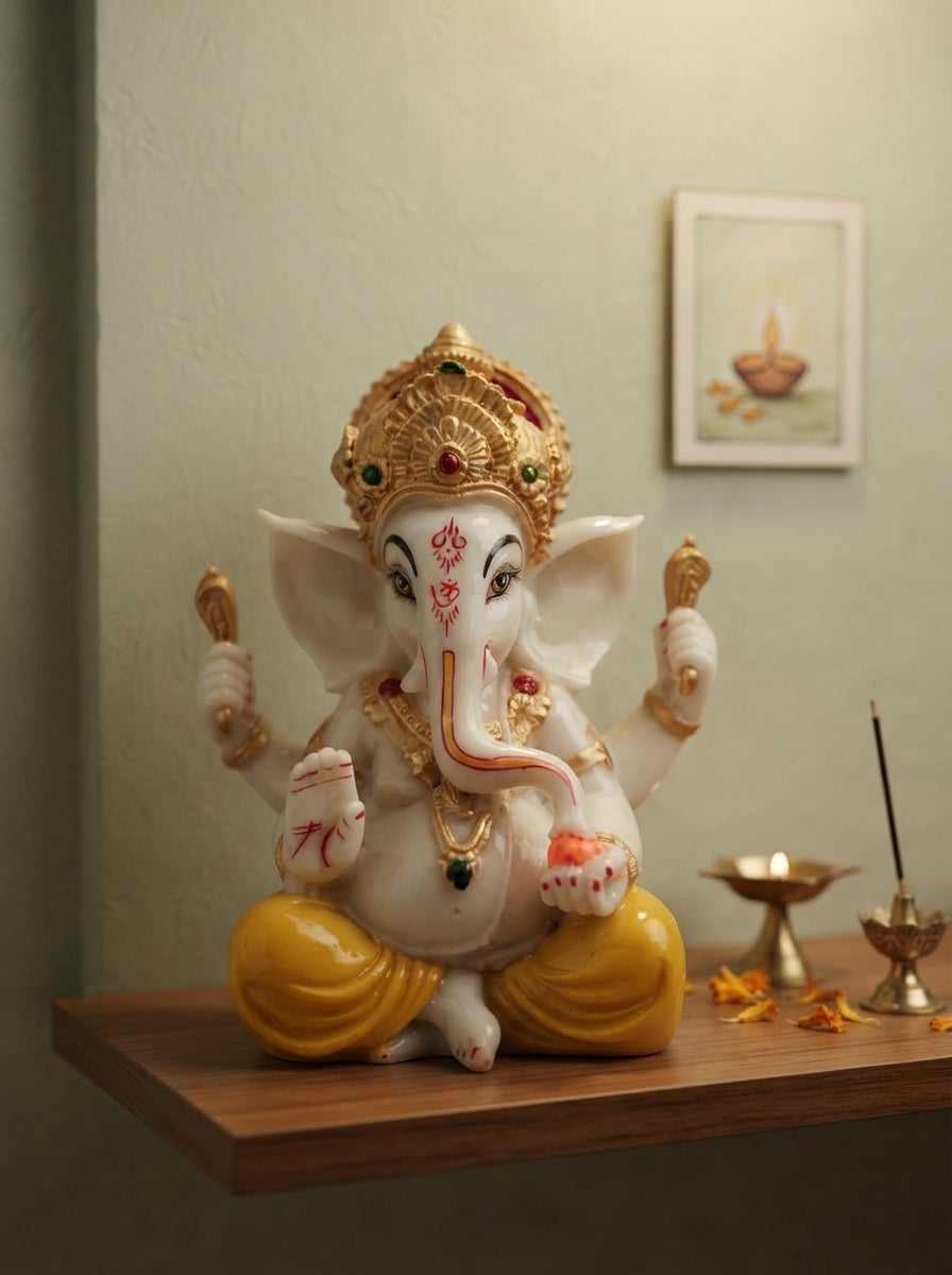 White Marble-Finish Ganesha Statue | Gold Crown Idol
