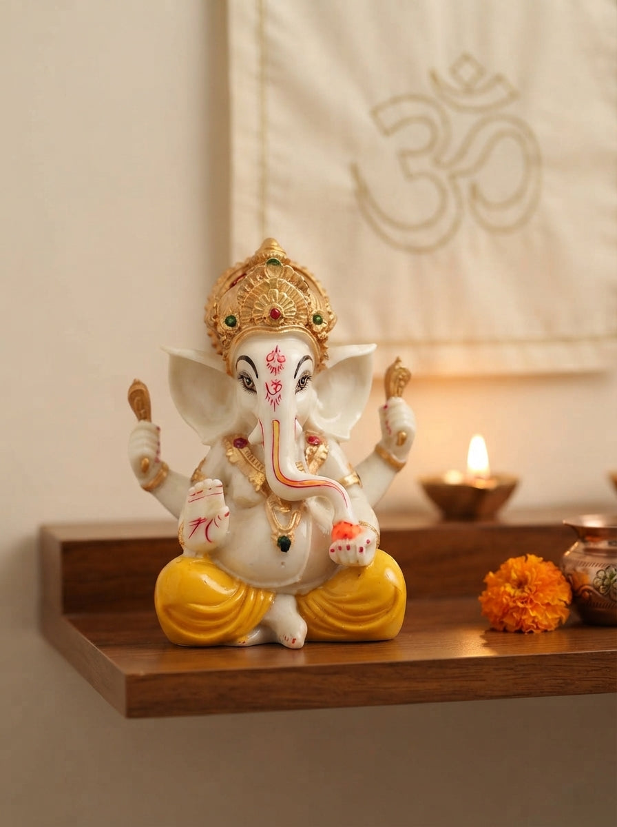 White Marble-Finish Ganesha Statue | Gold Crown Idol