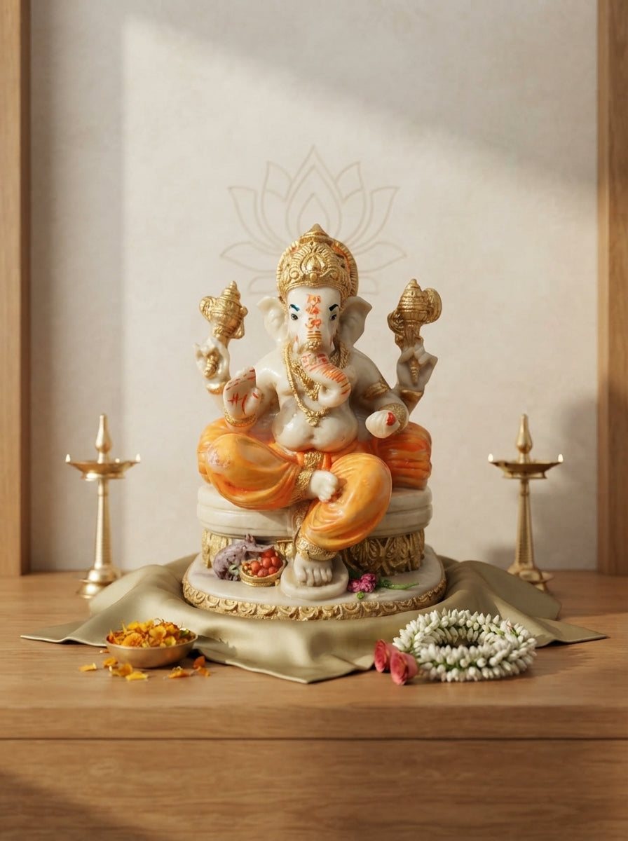 Ganesha Statue on Throne | Orange & Gold Marble Finish