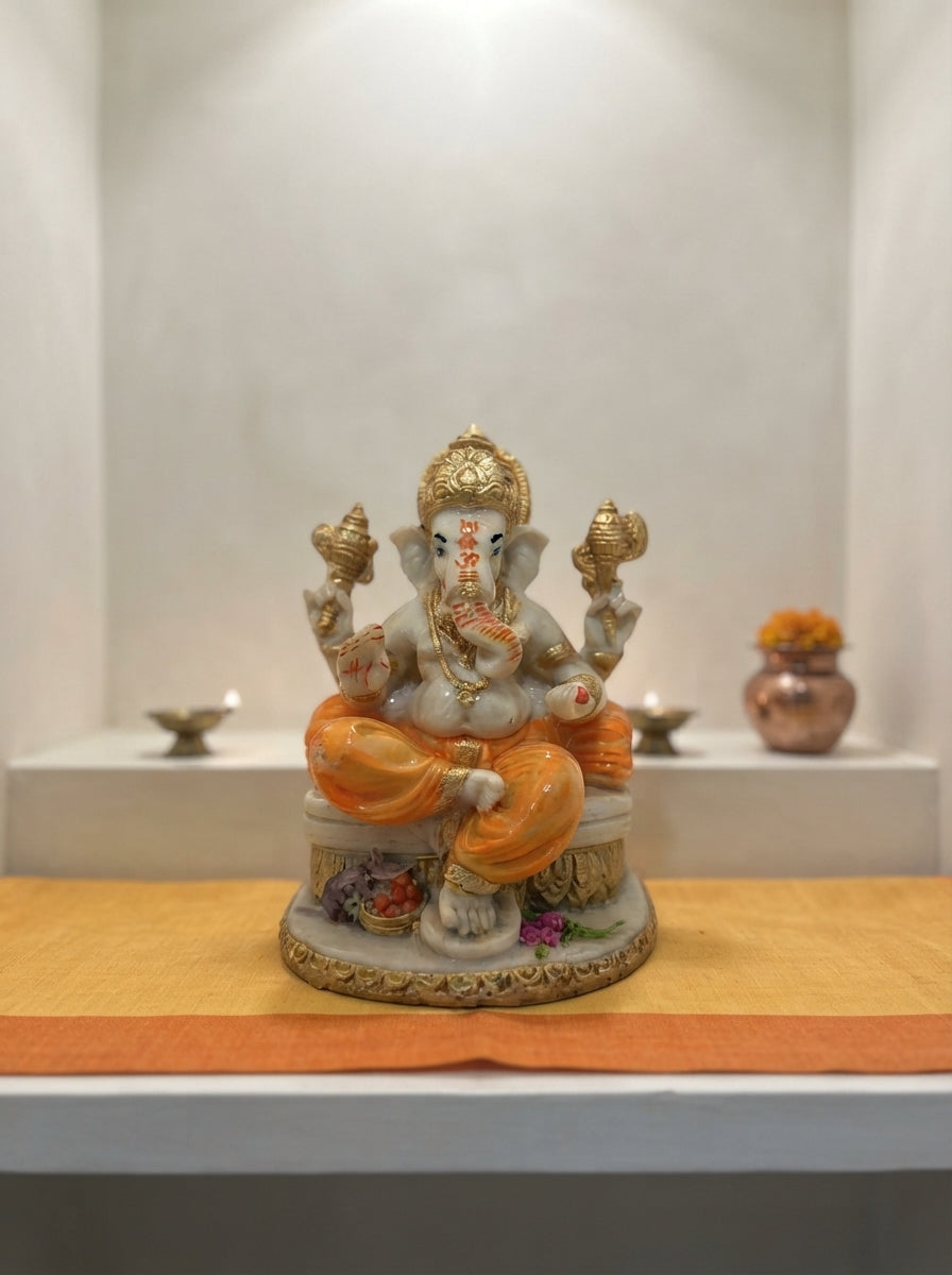 Ganesha Statue on Throne | Orange & Gold Marble Finish