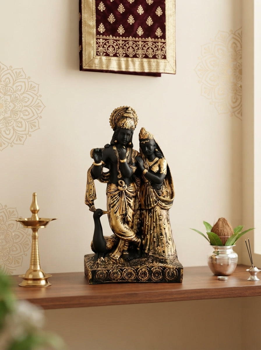 Radha Krishna Statue Black & Gold | Standing with Peacock