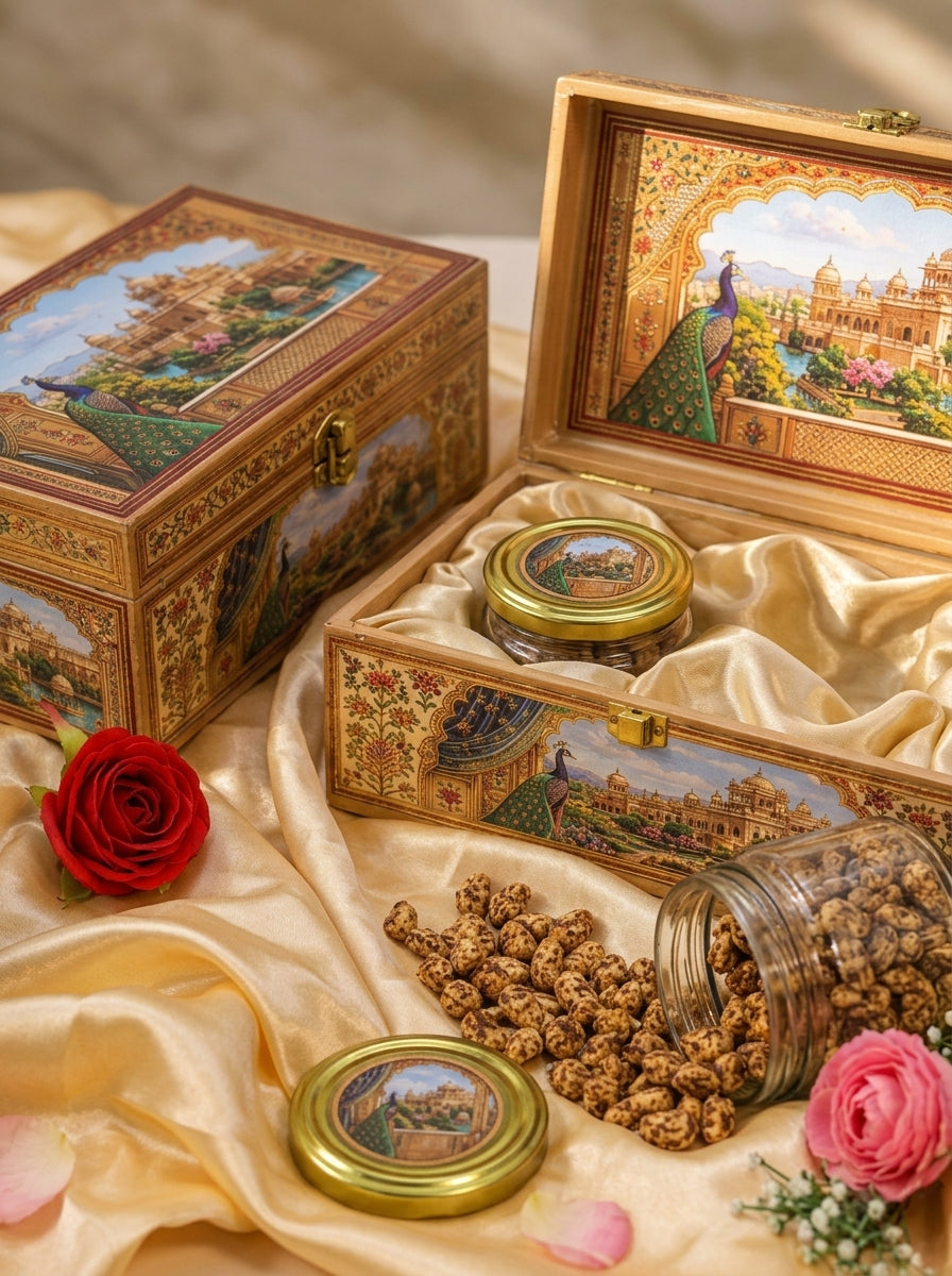 Peacock & Palace Miniature Gift Box with Glass Jars | Diwali Hamper
