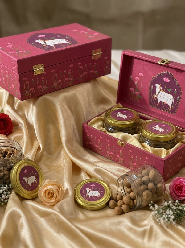 Pink Pichwai Cow Gift Box with 2 Glass Jars | Diwali Hamper