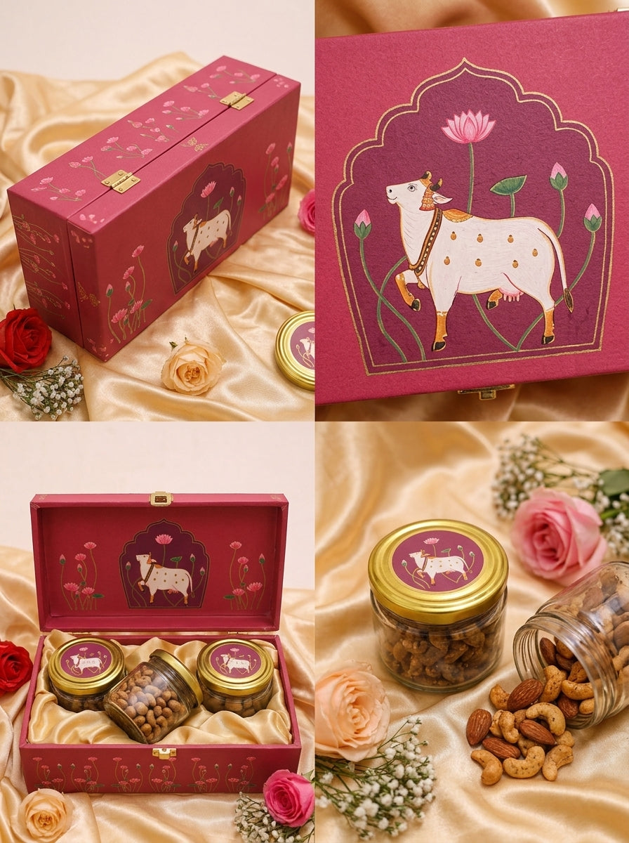 Pink Pichwai Cow Gift Box with 2 Glass Jars | Diwali Hamper