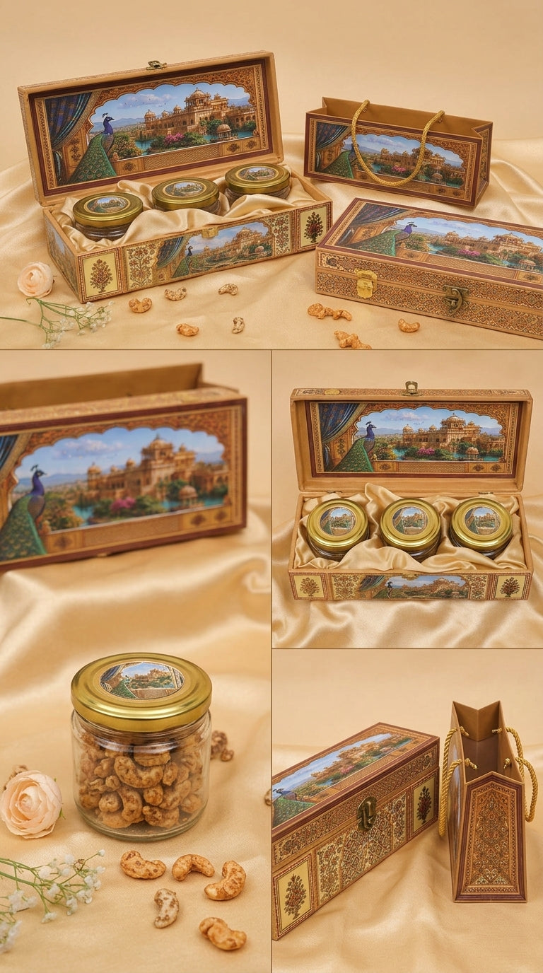 Peacock Palace 3 Jar Gift Box with Rope Handle Bag | Diwali Hamper