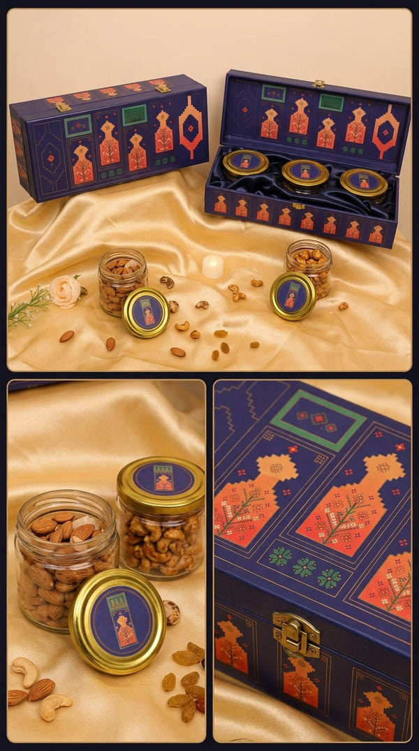 Navy Geometric 3 Jar Gift Box | Coral & Gold Diwali Hamper