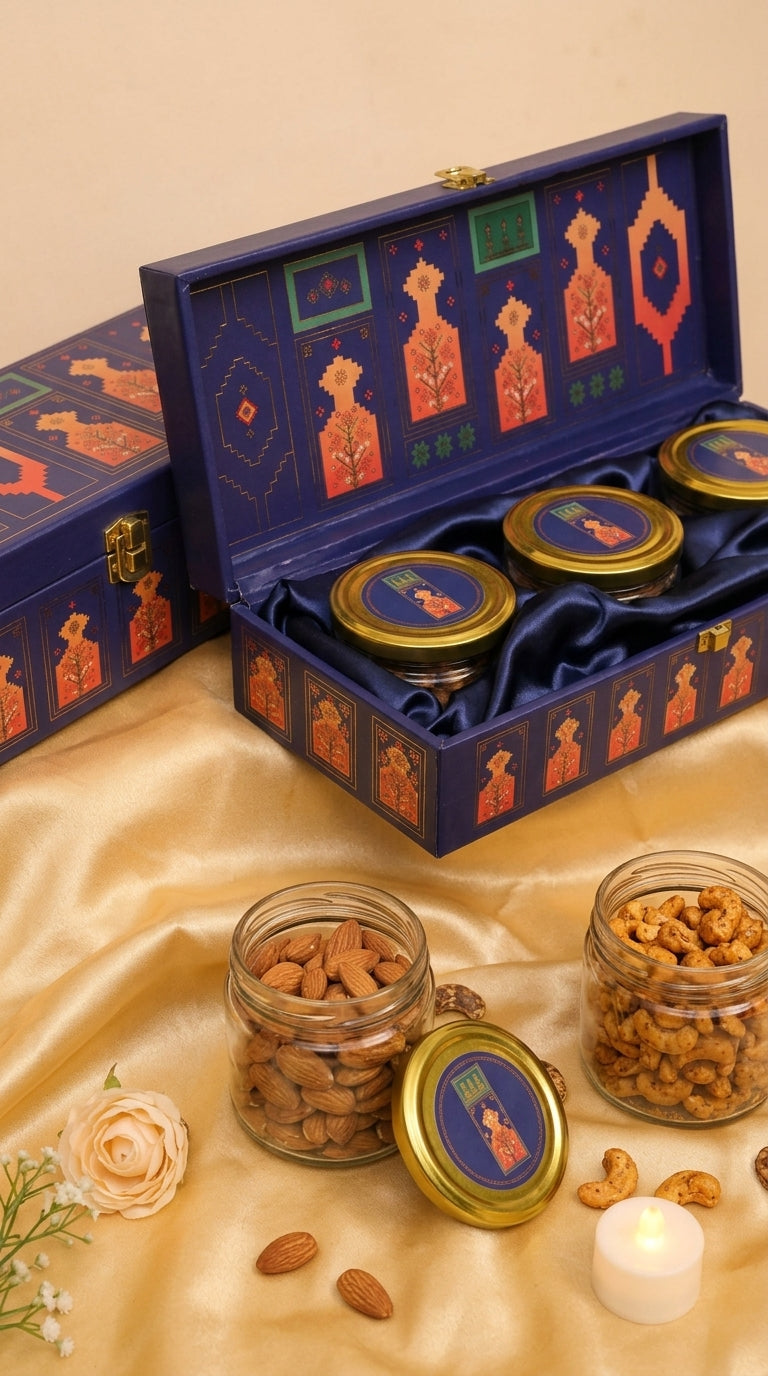 Navy Geometric 3 Jar Gift Box | Coral & Gold Diwali Hamper