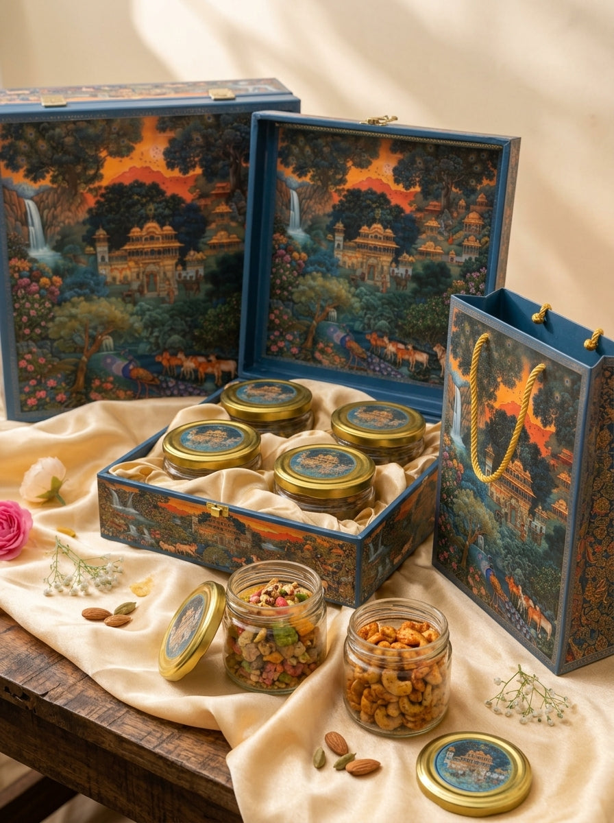 Palace Landscape 4 Jar Square Gift Box with Carry Bag | Diwali Hamper