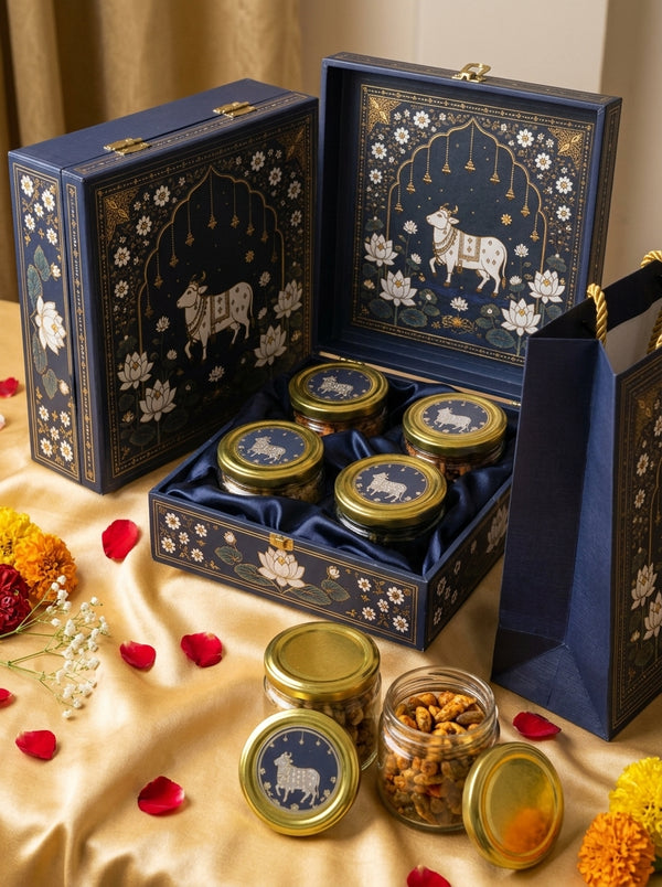 Navy Pichwai Cow 4 Jar Square Gift Box with Carry Bag | Diwali Hamper