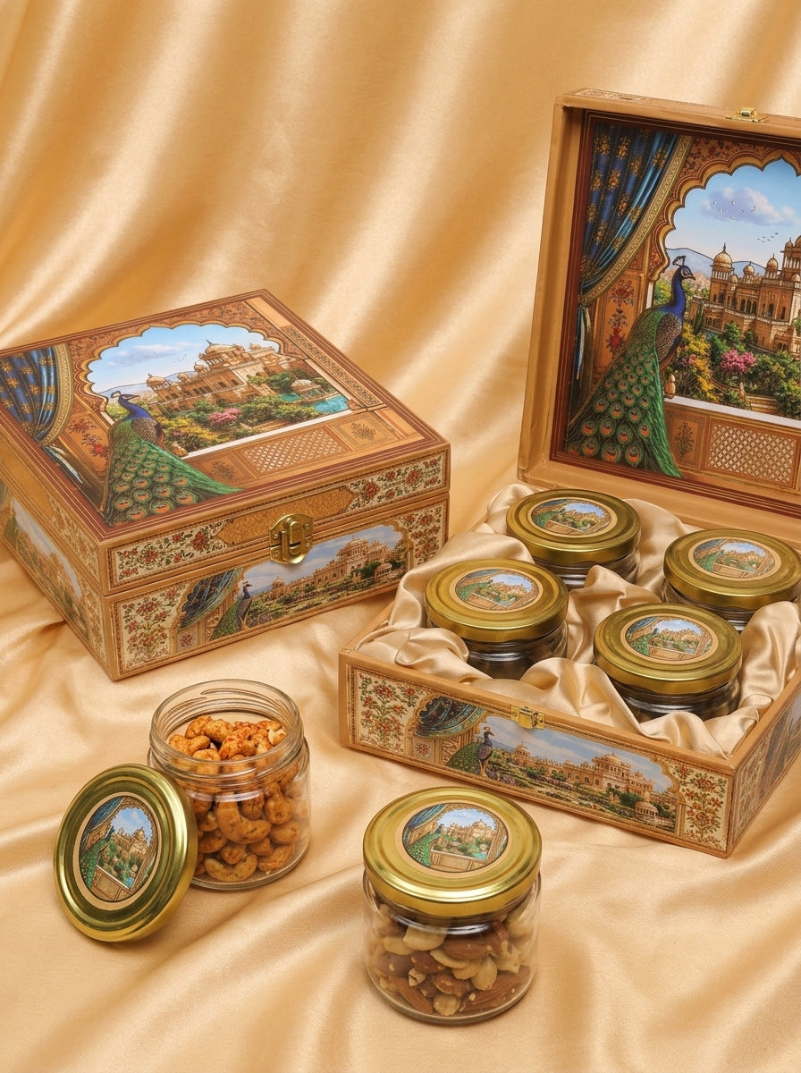 Peacock Palace 4 Jar Square Gift Box | Rajasthani Diwali Hamper