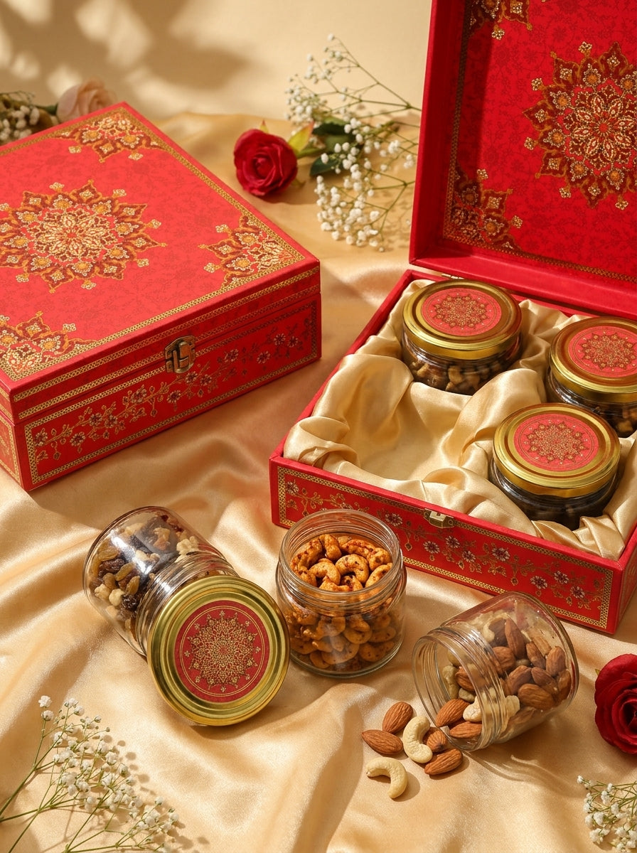 Red Mandala 4 Jar Square Gift Box | Gold Floral Diwali Hamper