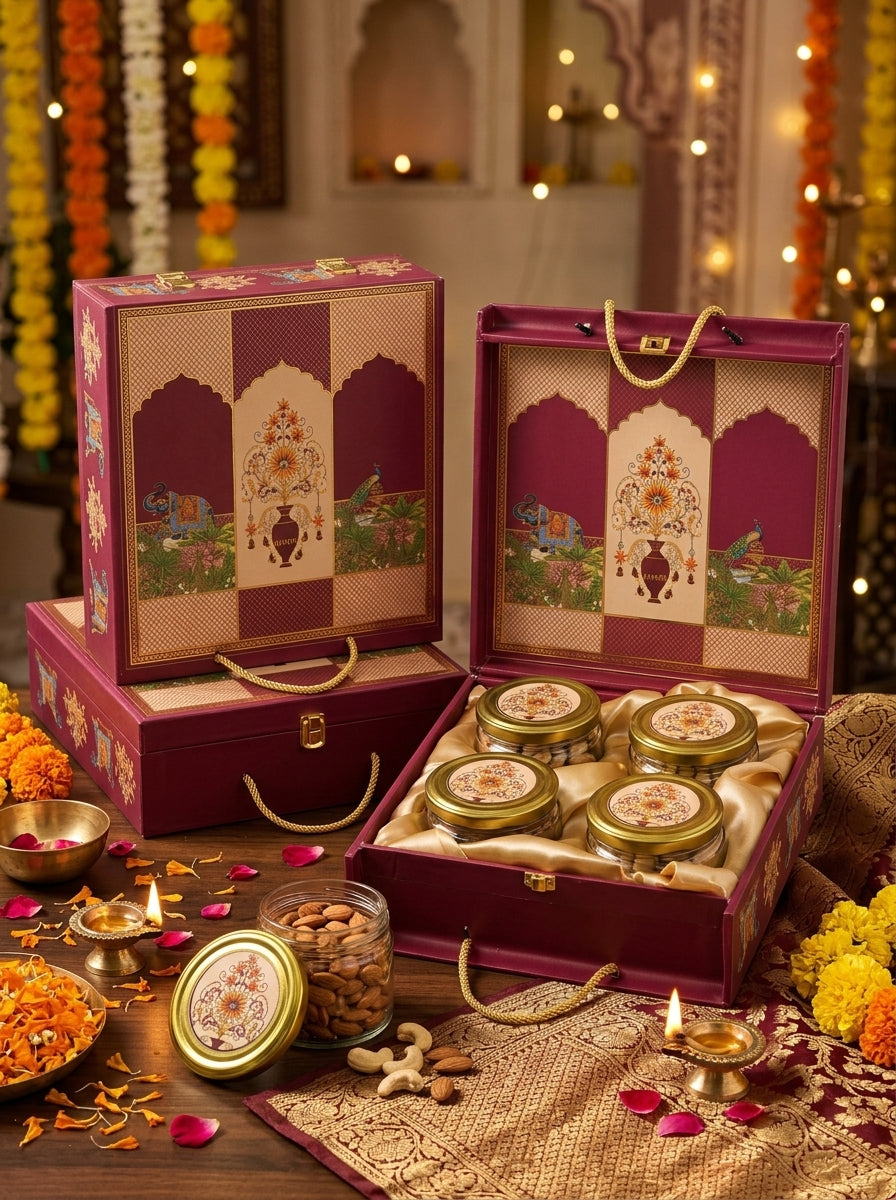 Maroon 4 Jar Square Gift Box with Rope Handle | Diwali Hamper