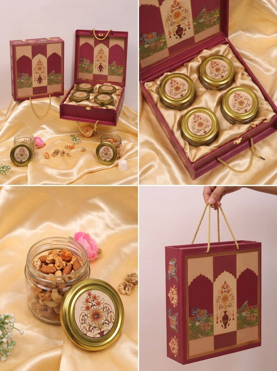 Maroon 4 Jar Square Gift Box with Rope Handle | Diwali Hamper
