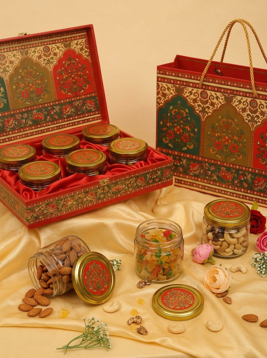 Red & Green Floral 6 Jar Gift Box with Carry Bag | Diwali Hamper